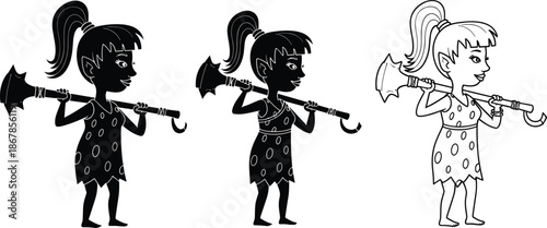 Cute cave girl cartoon character set with stone age club weapon, prehistoric child illustration in silhouette and outline style for kids education concepts