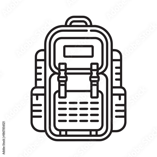 Simple outline illustration of a closed dark colored backpack with straps