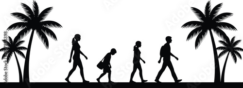 Family silhouettes walking together under palm trees symbolizing journey, growth, generations, unity, and life progression on minimal tropical background
