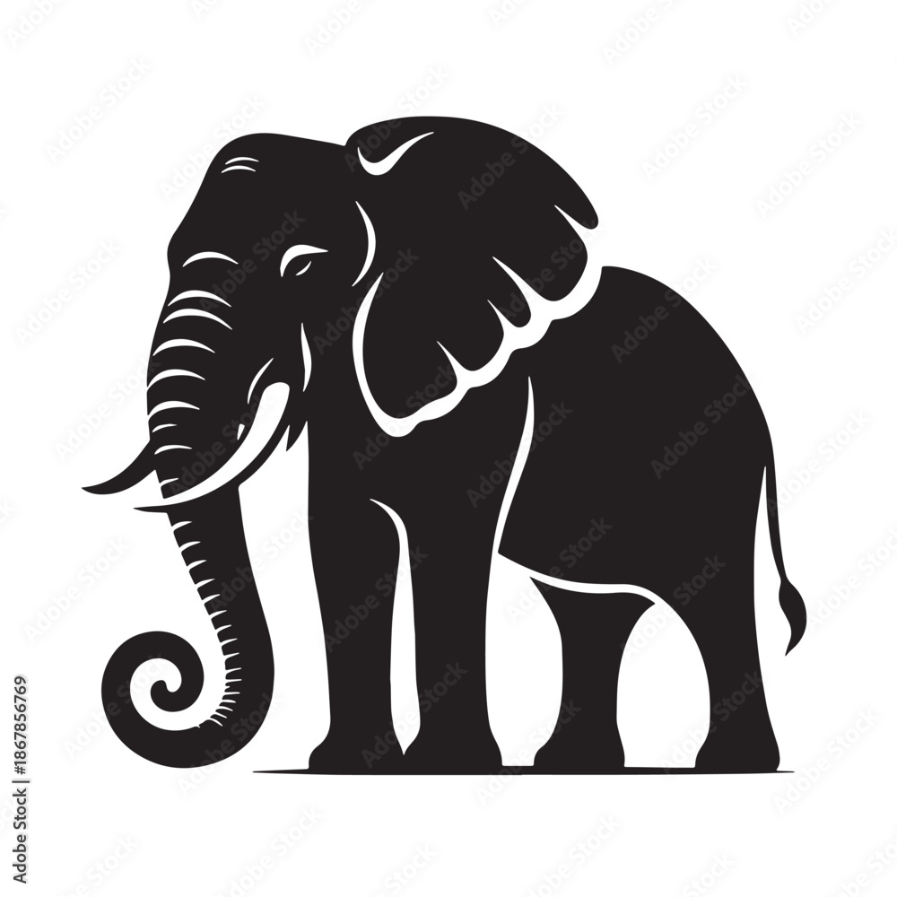 Fototapeta premium Black Elephant Silhouette Vector, High Quality Illustration on White Background