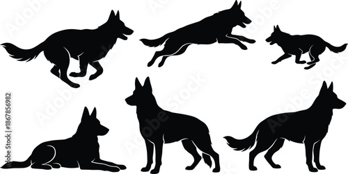 German Shepherd Dog Silhouettes Set Showing Running, Jumping, Standing and Lying Poses, Black Canine Shapes Collection for Pet, Animal and Design Use