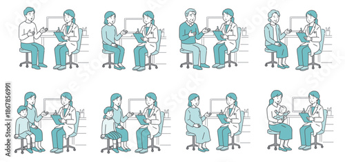 問診・診察のイラストセット（女性医師と様々な患者・8種）