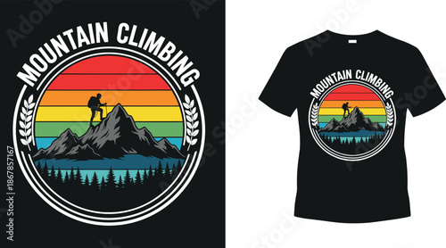 Vintage mountain climbing t-shirt design, retro sunset circle badge with hiker silhouette on peak, outdoor nature adventure, - cad drawing flat vector illustration
