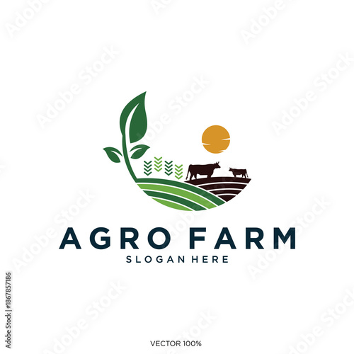 Agro Farm Logo with Green Leaf and Livestock Landscape