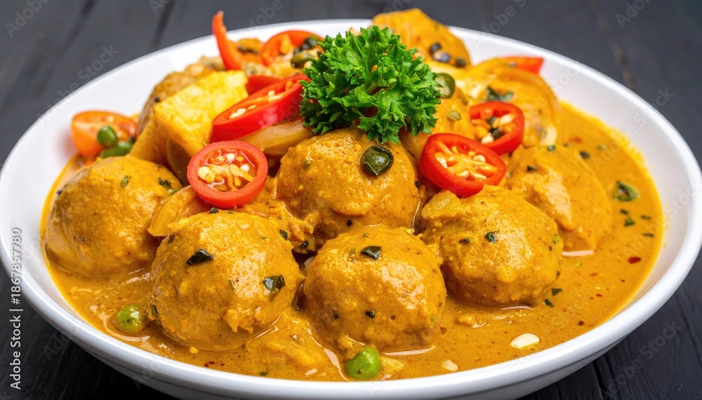 Fototapeta premium Delicious Indian Curry with Meatballs and Vegetables, Close Up