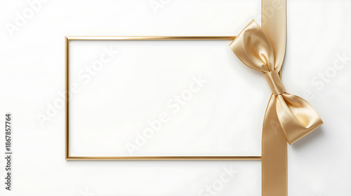 A minimalist design showcases a thin rectangular gold frame against a white background, adorned with a satin gold ribbon tied in a glossy bow, emphasizing a luxurious aesthetic with smooth textures an