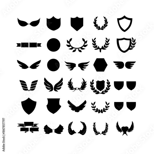 Collection of vector heraldic elements including laurel wreaths shields wings and ribbons perfect for creating logos or designs.
black-and-white vector pack of wreaths, shields, banners, and wings.