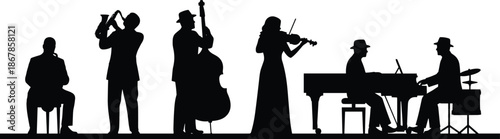 Jazz band musician silhouette featuring trumpet, double bass, violin, piano, drums, live music performance, classic ensemble illustration, black and white