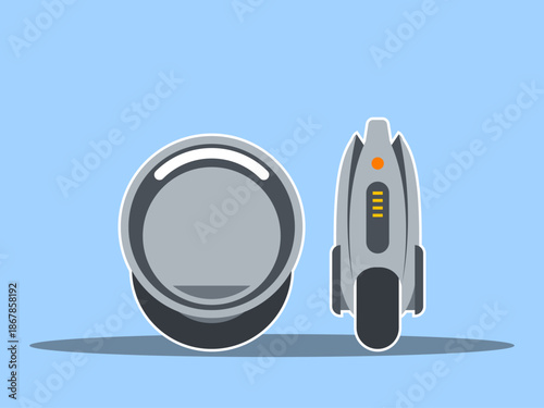 An electric unicycle (EUC) prototype, also described as a vision of green mobility. Modern transportations illustration. Flat vector concept.	