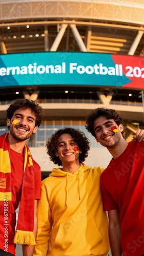 Group of Passionate Spanish Football Fans Cheering for Team Victory Outside Stadium at Sunset