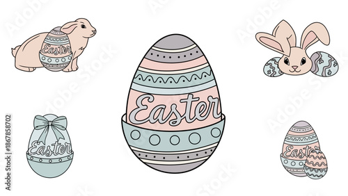 Happy Easter with cute illustrated rabbits and decorative patterned eggs in pastel colors, perfect for greeting cards and festive designs