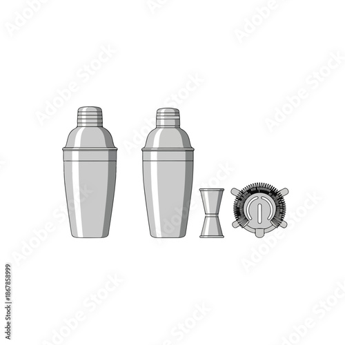 cocktail shaker set jigger and strainer monochrome isolated.