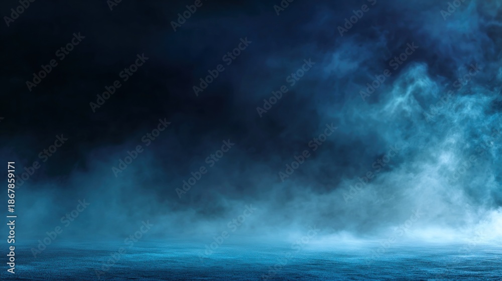 Fototapeta premium A dark, misty landscape with swirling blue fog, creating a mysterious and atmospheric scene.