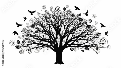Stylized Silhouette Tree with Birds and Swirls.