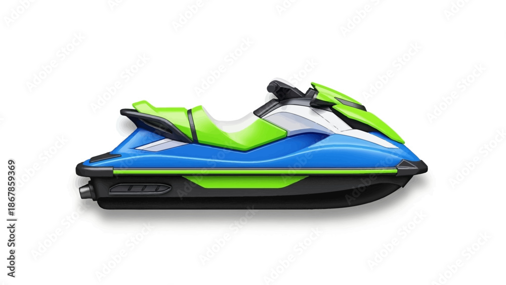 Naklejka premium Bright Blue and Green Personal Watercraft on White Background