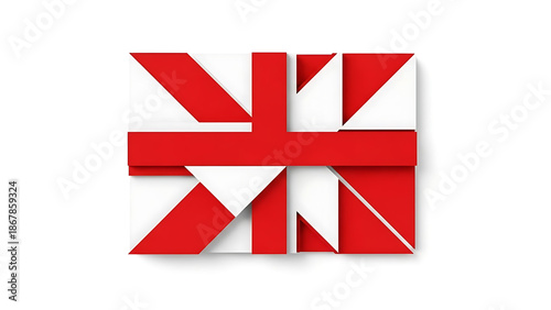 A stylized geometric representation of the United Kingdom flag in red and white isolated on white background