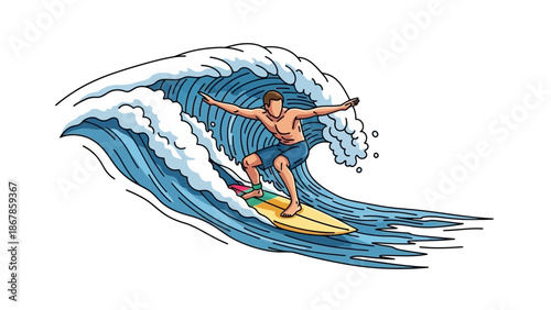Energetic vector illustration of a surfer skillfully riding a large blue ocean wave, embodying the excitement of summer water sports and coastal adventure