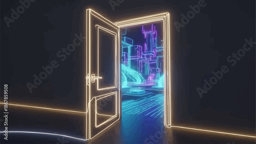 Open door with glowing neon light leading to futuristic city.