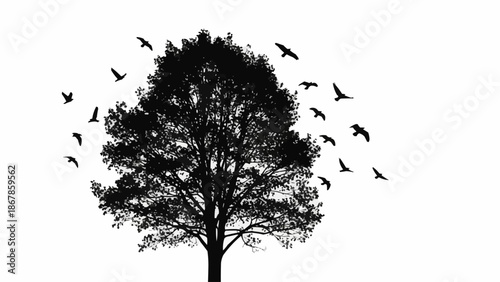 Silhouette of a large tree with many birds flying around it.