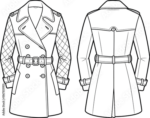 Elegant trench coat fashion flat, belted double breasted outerwear template, technical apparel vector drawing, stylish clothing cad illustration, design sketch