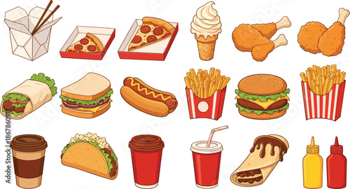 Fast Food Meal Burger Pizza Fries Drink Vector SetFast Food Meal Burger Pizza Fries Drink Vector SetFast Food Meal Burger Pizza Fries Drink Vector SetFast Food Meal Burger Pizza Fries Drink Vector Set