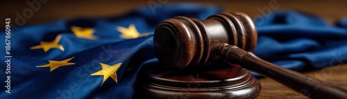 A wooden gavel rests on a blue flag with stars, symbolizing law, justice, and the European Union.