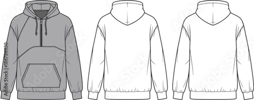 Half zip hoodie technical fashion flat sketch front back view pullover hooded sweatshirt casual apparel vector cad illustration