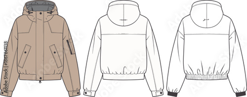 Hooded bomber jacket technical flat vector illustration cad drawing for fashion apparel design manufacturing reference front back view template