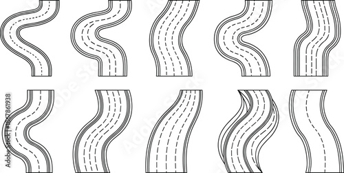 Abstract curvilinear path vector set with dashed and solid lines for road design, visual perception, and pattern illustration.