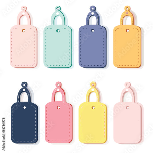 Colorful luggage tags in various shades arranged in two rows , vector style simple color