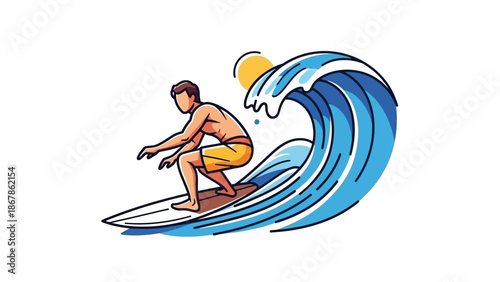 Dynamic illustration of a skilled surfer riding a powerful ocean wave under the warm sun, capturing the thrill and energy of water sports and summer recreation
