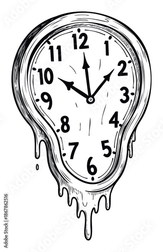 Surreal melting clock artwork symbolizing the fluidity of time, suitable for philosophical concepts, abstract themes, or modern graphic design projects.