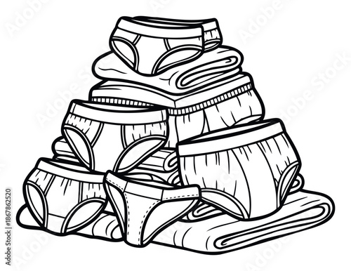 Neatly stacked pile of fresh folded underwear in black and white line art style, perfect for illustrating laundry services, clothing care, or textile related publications.