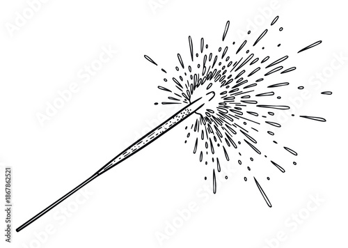 Ignited sparkler handdrawn sketch emitting a vibrant burst of sparks, perfect for holiday event invitations, celebration graphics, or festive decoration designs