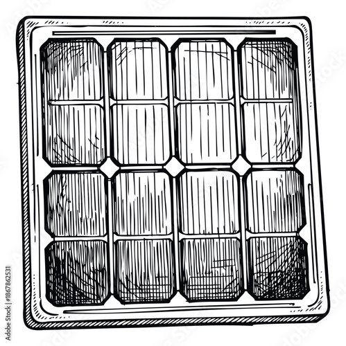 Depicting an ecological solar panel with multiple energy cells in a handdrawn sketch style, this image is suitable for environmental protection, renewable energy, and sustainable technology