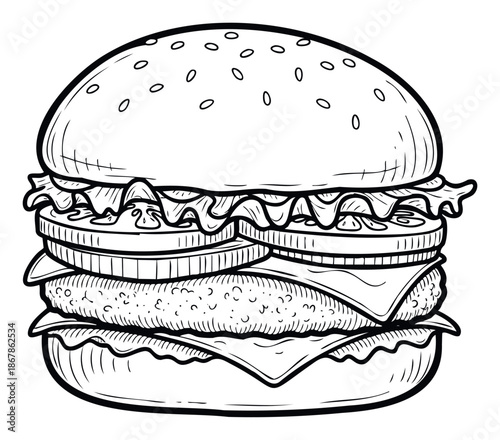 Classic delicious hamburger outline drawing for restaurant menu designs or fast food promotional materials and foodrelated blog posts