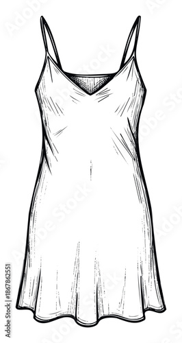 Detailed black and white sketch of a womens lightweight slip dress with spaghetti straps and a Vneckline, perfect for clothing catalogs or loungewear concepts.
