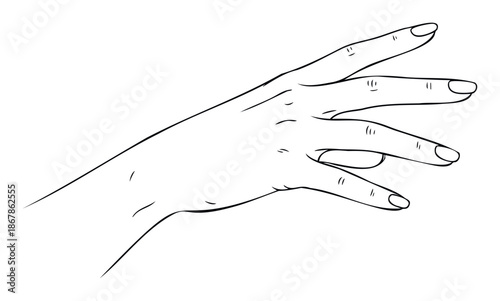 Stylized black and white line drawing of a human hand with splayed fingers reaching forward, ideal for graphic design projects, educational materials, or a symbolic representation.