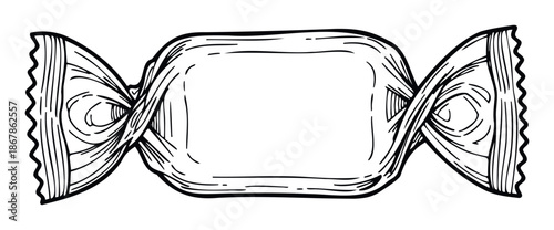 Detailed black and white line drawing of a classic rectangular candy in a twisted wrapper, ideal for food industry marketing materials, sweet shop menus, and dessert related graphic
