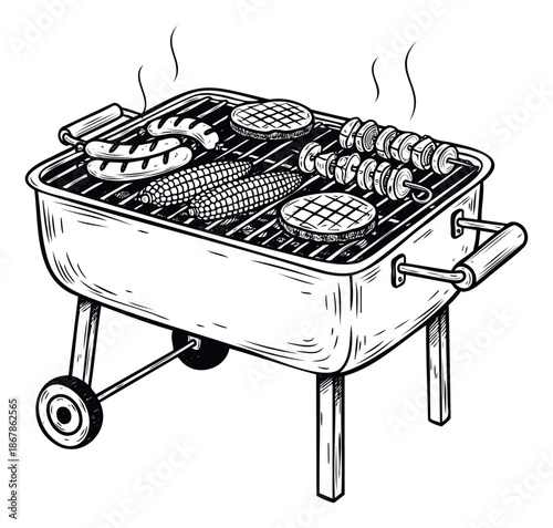 Classic barbecue grill loaded with delicious smoking sausages, corn on the cob, burgers, and skewers, perfect for summer picnic event invitations or foodrelated advertisements.