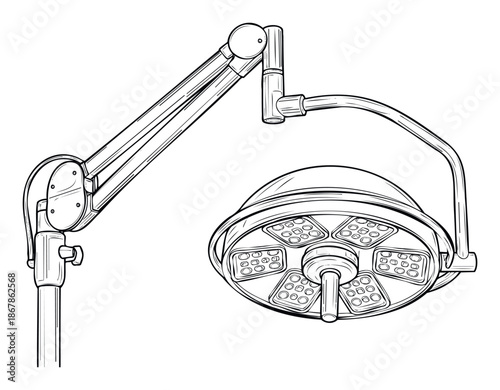 Professional medical operating room surgical lamp with an advanced articulated arm mechanism and powerful LED illumination panels, perfect for illustrating hospital infrastructure and