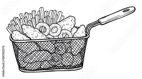 Hand drawn sketch of a fried fast food assortment with french fries onion rings and chicken nuggets in a deep fryer basket perfect for food menu designs and restaurant promotions