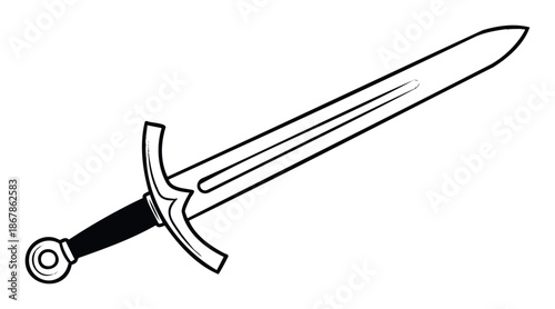 Bold black and white outline of a classic medieval knights sword, perfect for illustrating historical narratives, roleplaying game assets, or fantasy warrior designs.