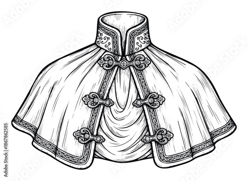 Elegant white cape with high collar and decorative clasps featuring intricate patterns perfect for historical costume design, theatrical productions, or themed events.