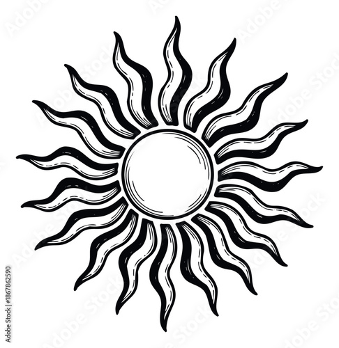 Stylized sun graphic with wavy black rays encircling a central disk, suitable for astrology, summer, or cosmic themed branding and apparel.