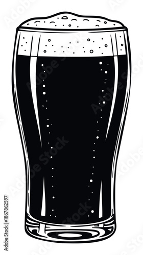 A classic black and white graphic depicting a tall glass filled with a dark beverage and a frothy head, ideal for pub signage, brewery marketing materials, beverage industry advertisements,