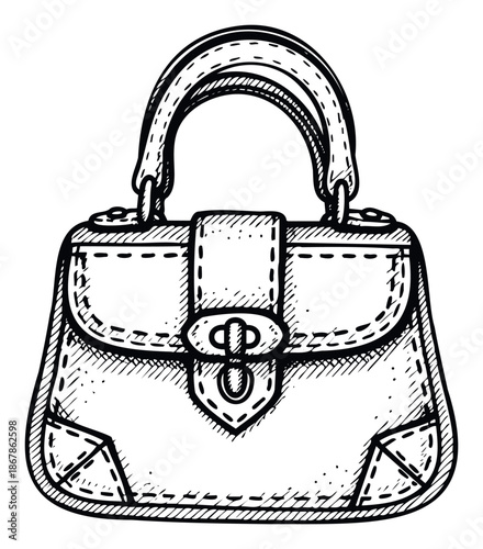 Handdrawn sketch of a classic womens handbag with intricate stitching and a top handle, perfect for fashion blogs, apparel branding, or vintage style graphic applications