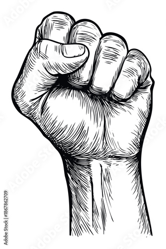 Hand raised in a powerful fist gesture, rendered in an antique engraving style, perfect for illustrating concepts of strength, rebellion, and human rights campaigns