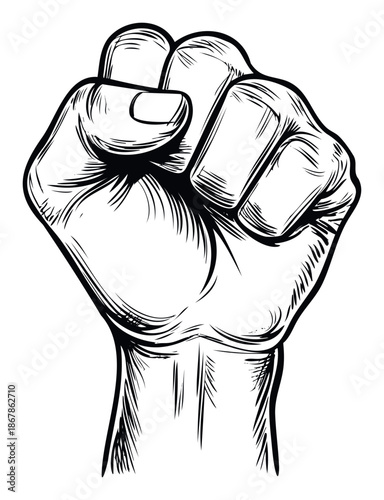 Strong human hand clenched in a powerful fist raised upwards, symbolizing unity, protest, and revolution, ideal for graphic projects and social movement visuals