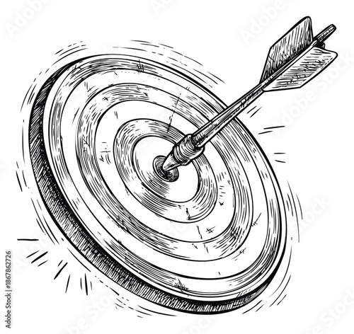 A hand drawn sketchy style dartboard showing an arrow hitting the bullseye signifying success and accuracy perfect for business strategy or motivational concepts